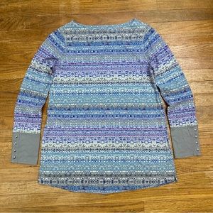 J Jill Sz XS Cotton Gray Purple Blue Fair Isle L/S Thermal Waffle Knit Tunic Top